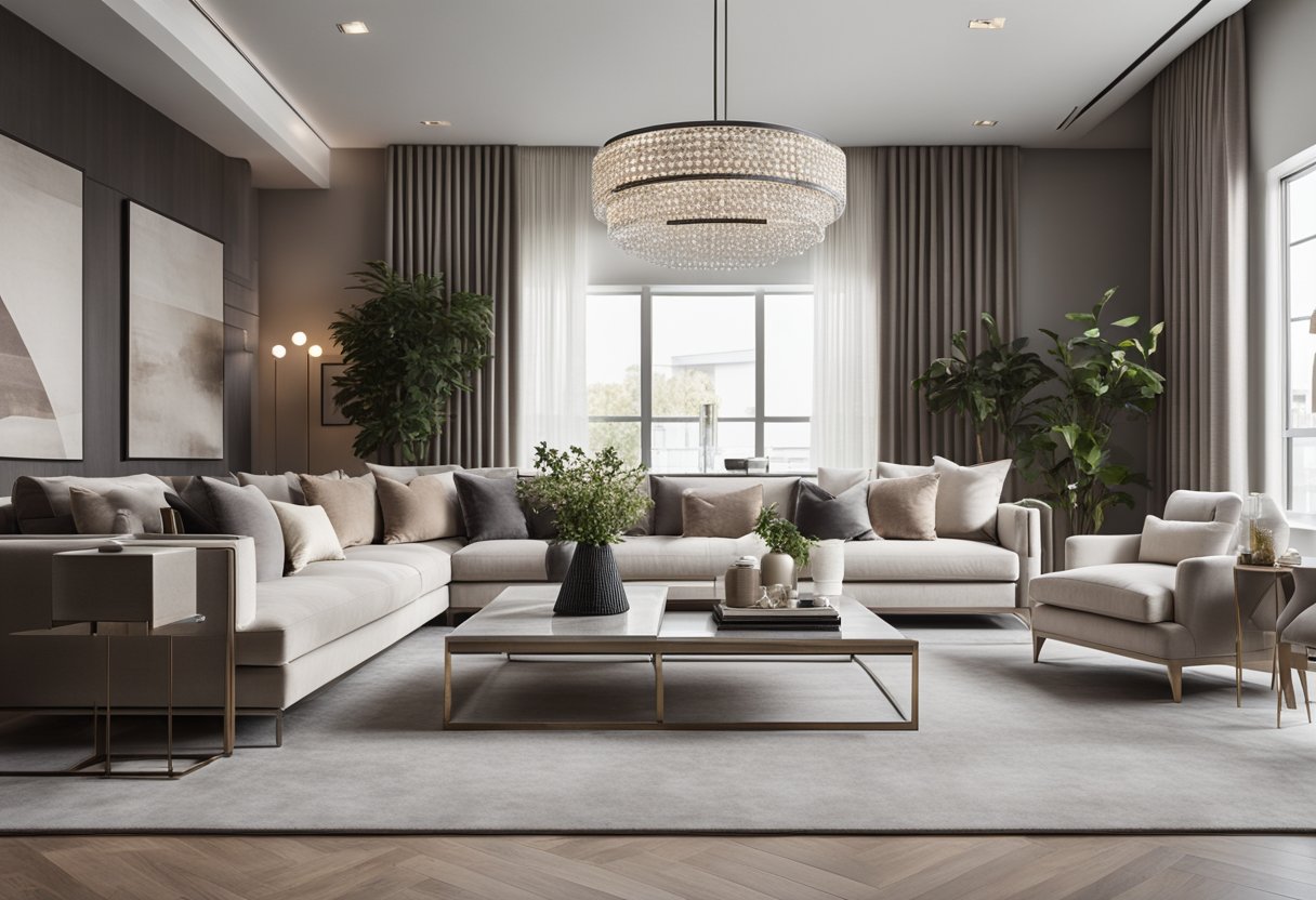 A spacious, modern living room with sleek furniture, a neutral color palette, and luxurious accents like crystal chandeliers and velvet upholstery