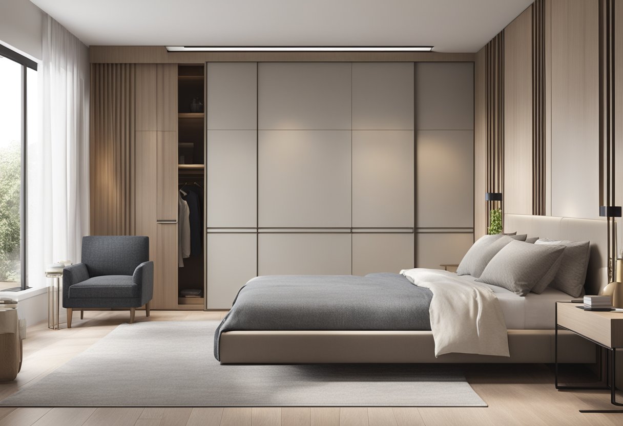 A modern bedroom with a sleek sliding cabinet design against a neutral wall. Clean lines and minimalistic hardware create a contemporary aesthetic