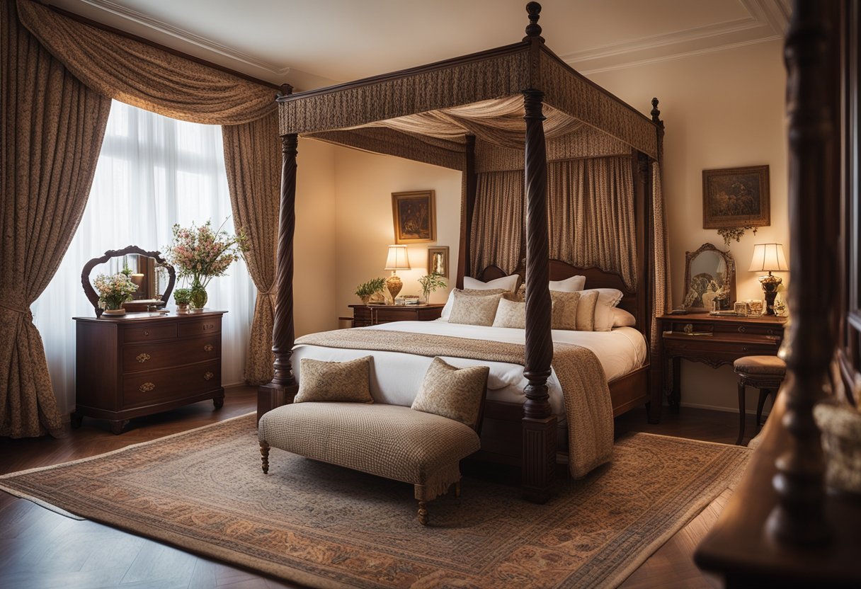 A cozy, warm traditional bedroom with a four-poster bed, floral patterned curtains, antique wooden furniture, and a soft, plush area rug