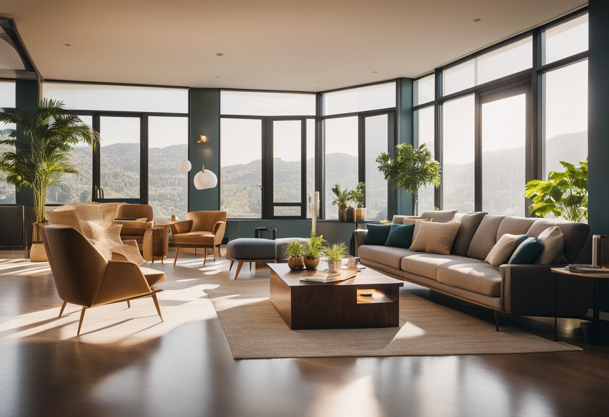 A well-lit living room with natural light streaming through large windows, casting a warm glow on the furniture and accentuating the colors and textures of the space