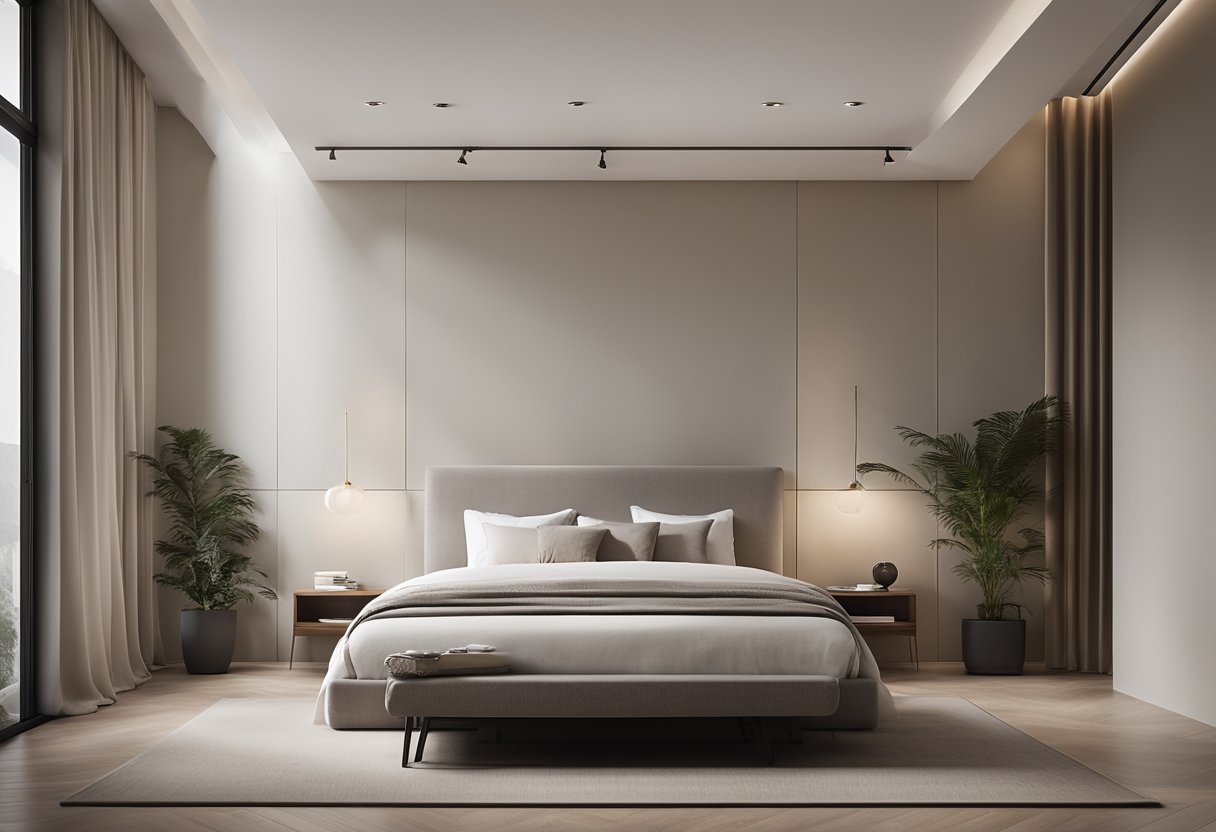 A serene bedroom with clean lines, neutral colors, and uncluttered surfaces. A platform bed with crisp white linens sits against a backdrop of muted walls. Simple, sleek furniture and a few carefully chosen decorative elements complete the space