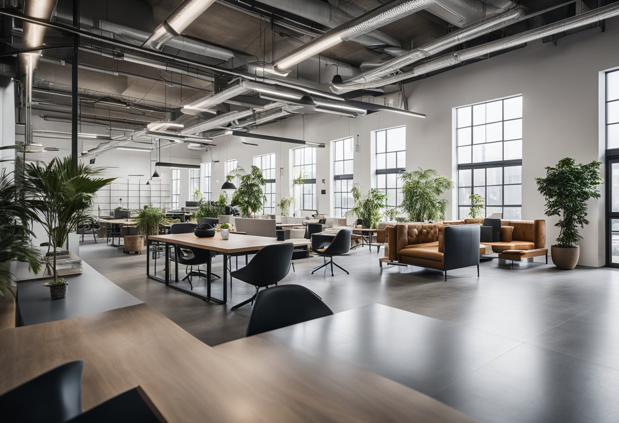 A spacious, clean industrial space with minimalistic furnishings and sleek lines. Simple color palette, natural light, and functional decor