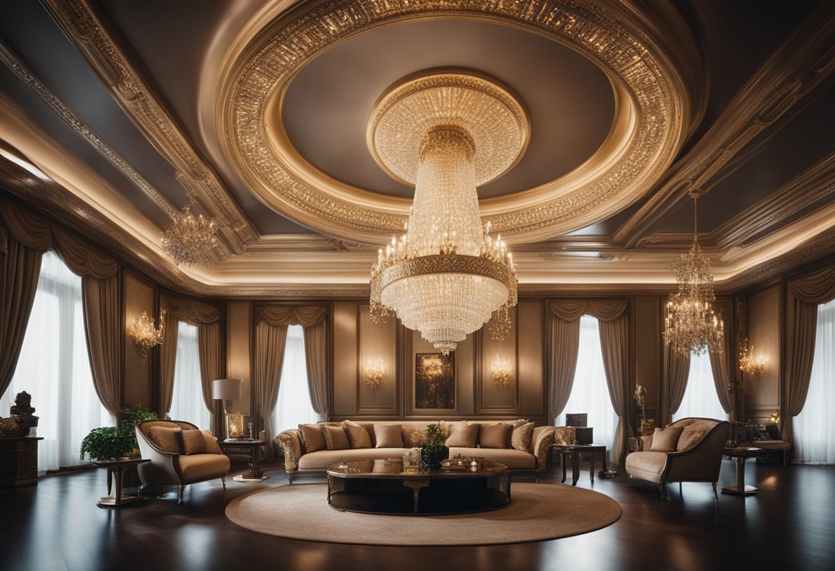 A grand chandelier illuminates a lavish living room with plush velvet sofas, ornate coffee tables, and intricate wall moldings, creating a sense of opulence and sophistication