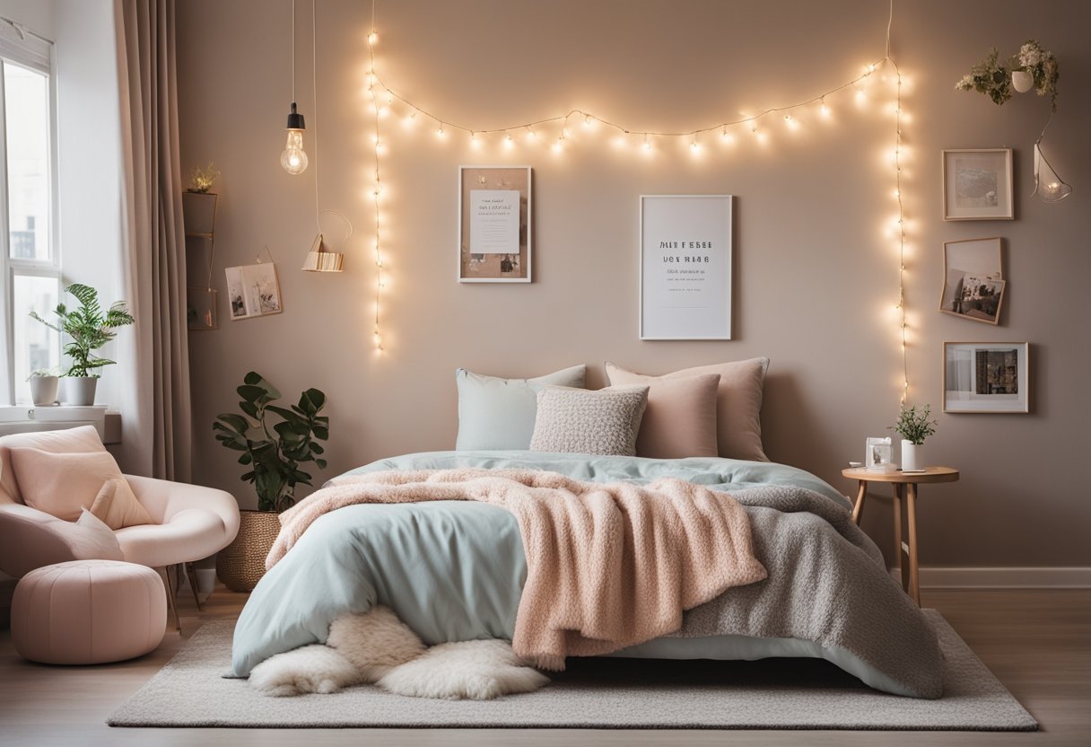 A cozy bedroom with pastel colors, string lights, and a wall collage of inspirational quotes and photos. A plush rug and a comfortable reading nook complete the space