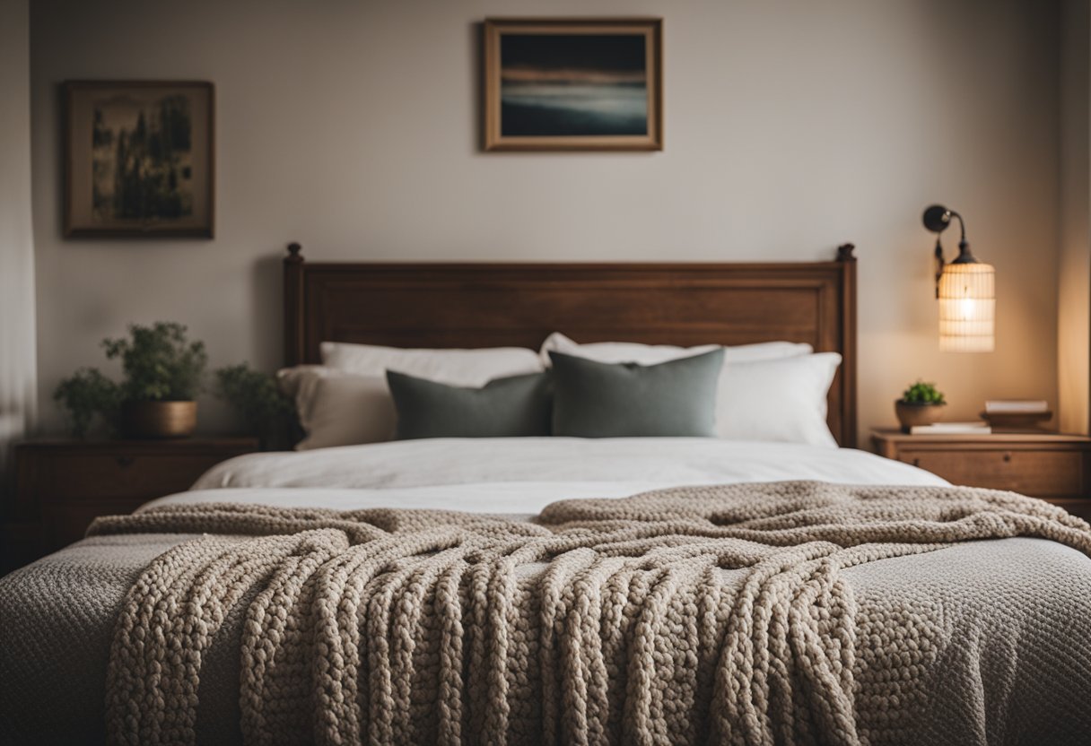 A cozy bedroom with a classic wooden bed, soft neutral-colored bedding, a vintage rug, and a traditional nightstand with a lamp