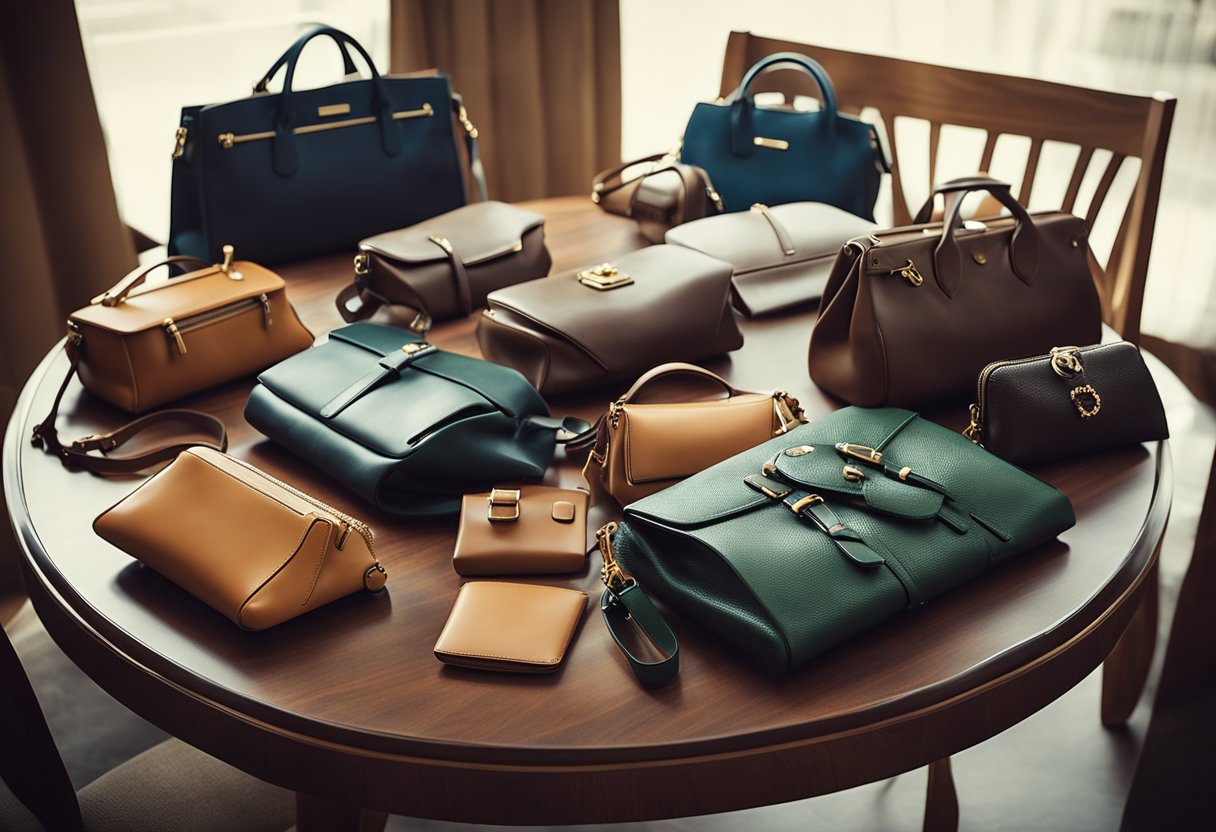 A table with various designer bags arranged neatly, each representing a different style and purpose