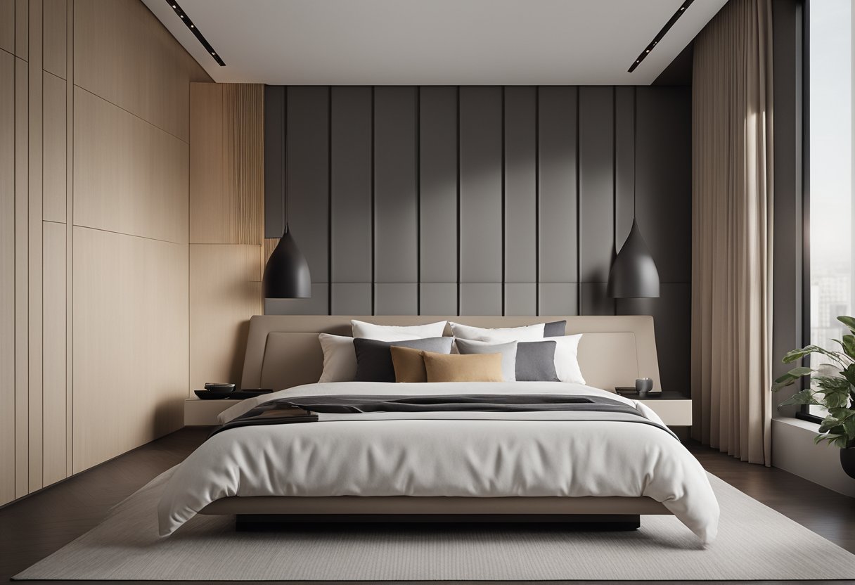 A sleek, minimalist bedroom with clean lines, geometric shapes, and a neutral color palette. The bed is low to the ground with a sleek headboard, and there are modern, angular furniture pieces throughout the room