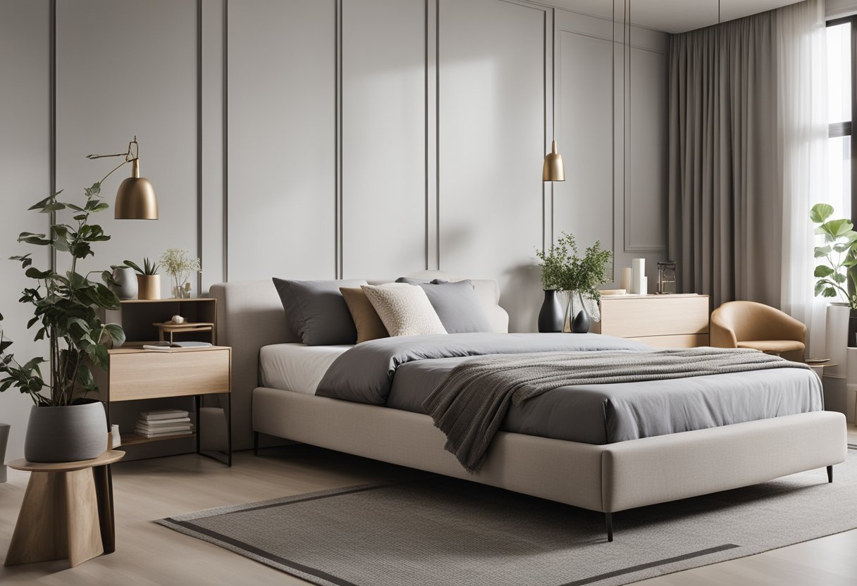 A spacious, uncluttered bedroom with clean lines, neutral colors, and minimal furniture. A simple bed, a sleek desk, and a few decorative accents create a serene and modern atmosphere