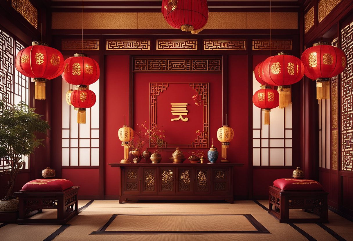 A traditional Chinese interior with ornate wooden furniture, intricate lattice screens, and delicate porcelain vases. Rich red and gold accents adorn the room, with paper lanterns casting a warm glow