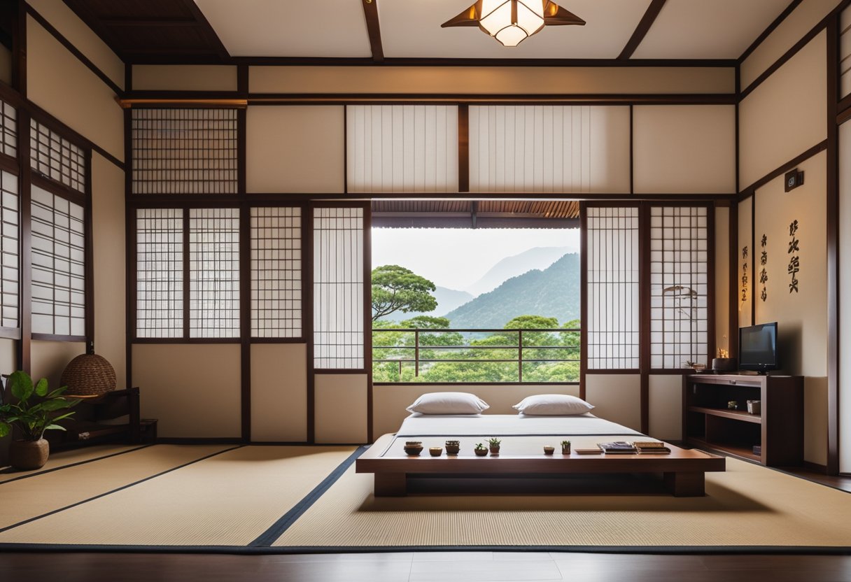 A cozy tatami bedroom in Malaysia, with low wooden furniture and sliding paper doors, adorned with traditional Japanese art and a serene garden view