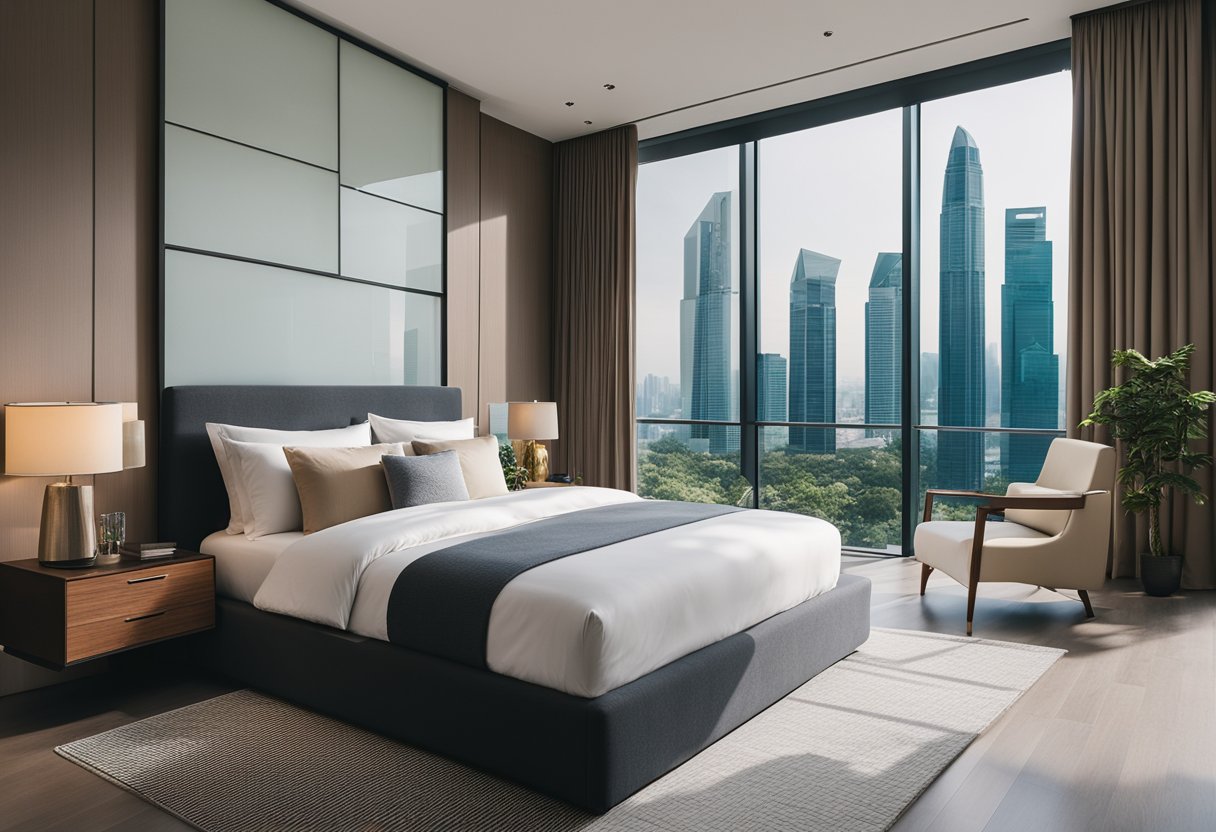 A modern bedroom in Singapore with sleek furniture, neutral color palette, and large windows with city views