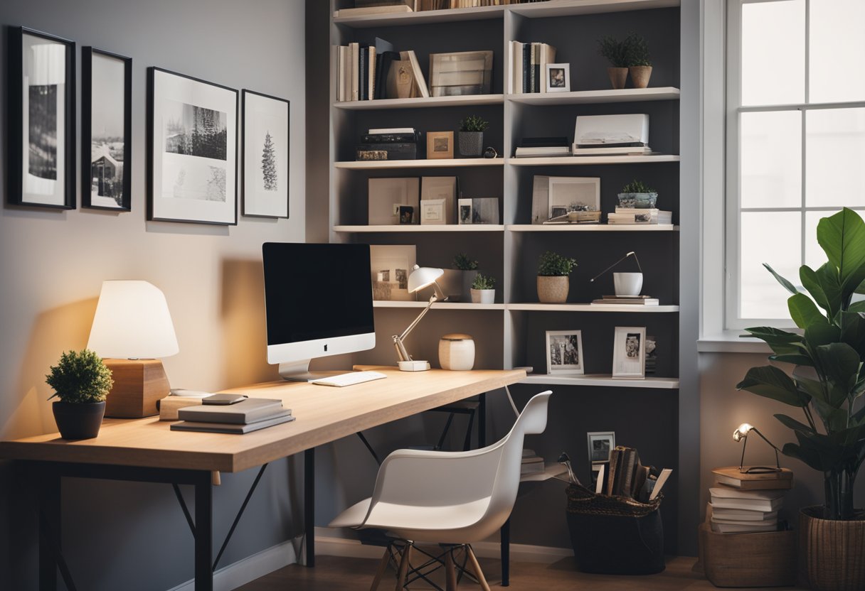A modern, cozy home office with a desk, chair, and computer. A bookshelf filled with design books and a mood board on the wall