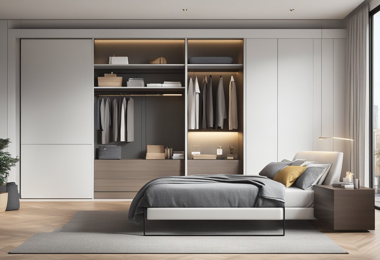 A sleek, modern bedroom with a sliding cabinet seamlessly integrated into the wall, featuring clean lines and a minimalist aesthetic