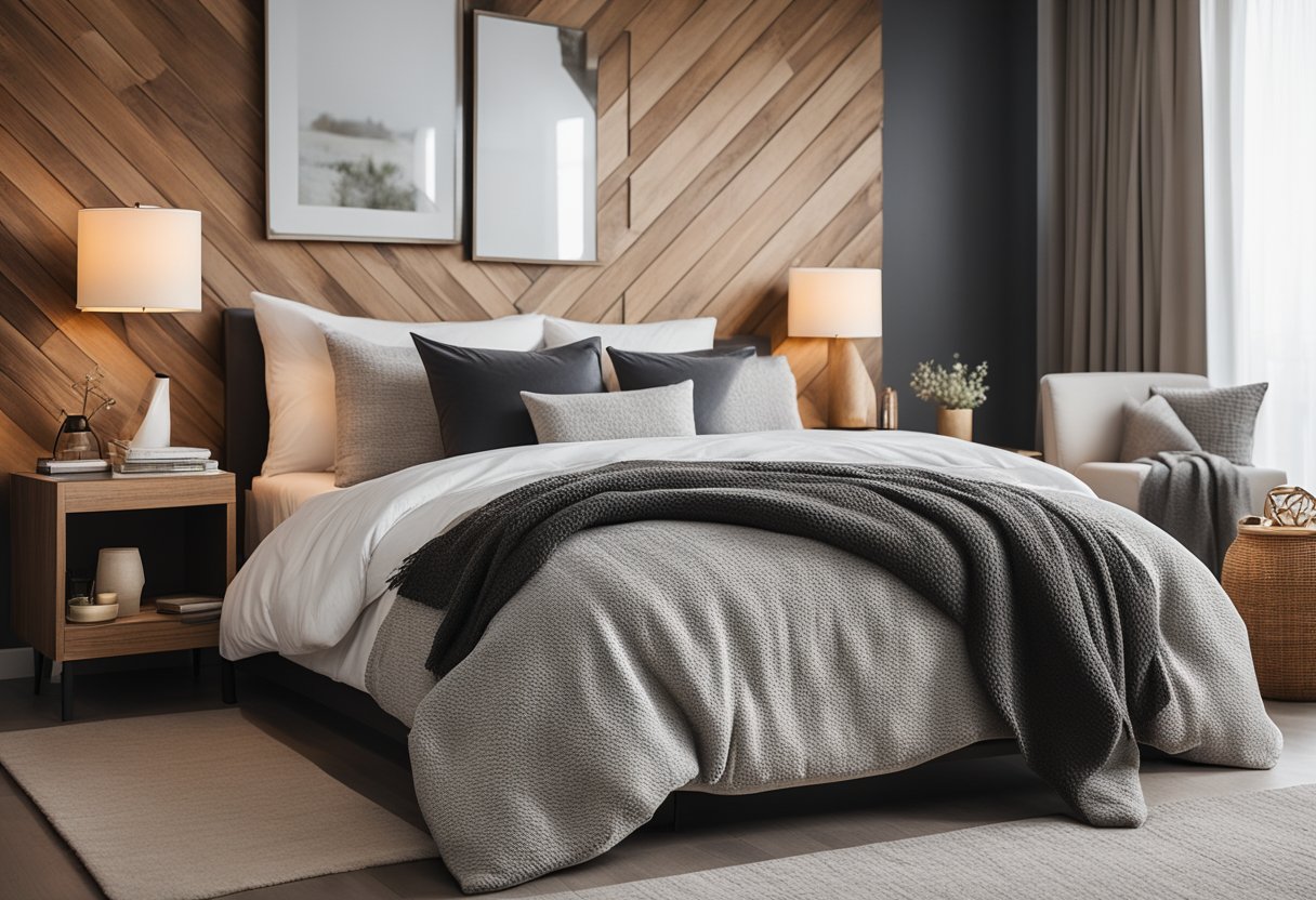 A cozy bedroom with a wooden bed frame against a textured accent wall, adorned with soft pillows and a throw blanket