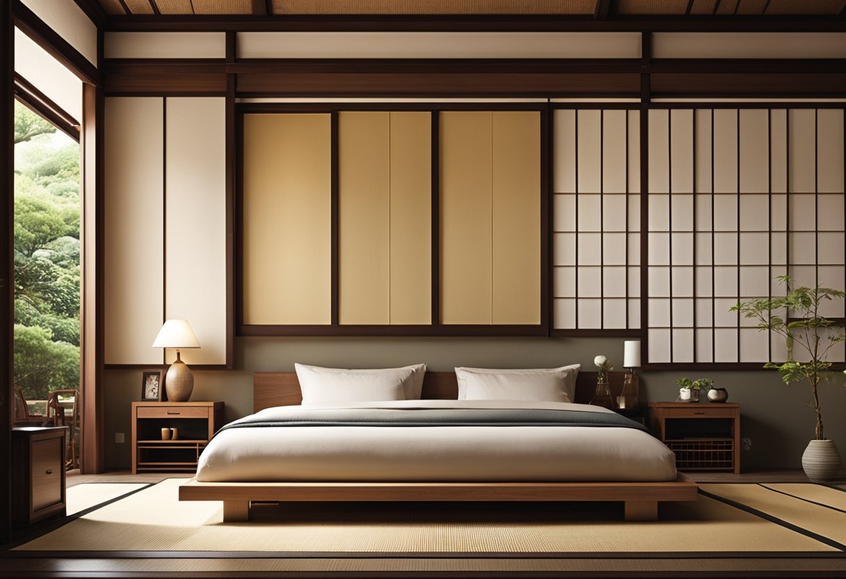 A tatami bedroom with low wooden furniture, sliding paper doors, and traditional Japanese decor