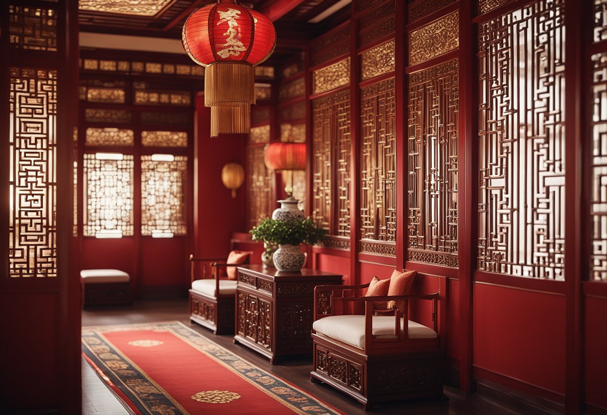 A traditional Chinese interior with ornate wooden furniture, intricate lattice screens, and delicate porcelain vases. Rich red and gold accents add warmth to the space