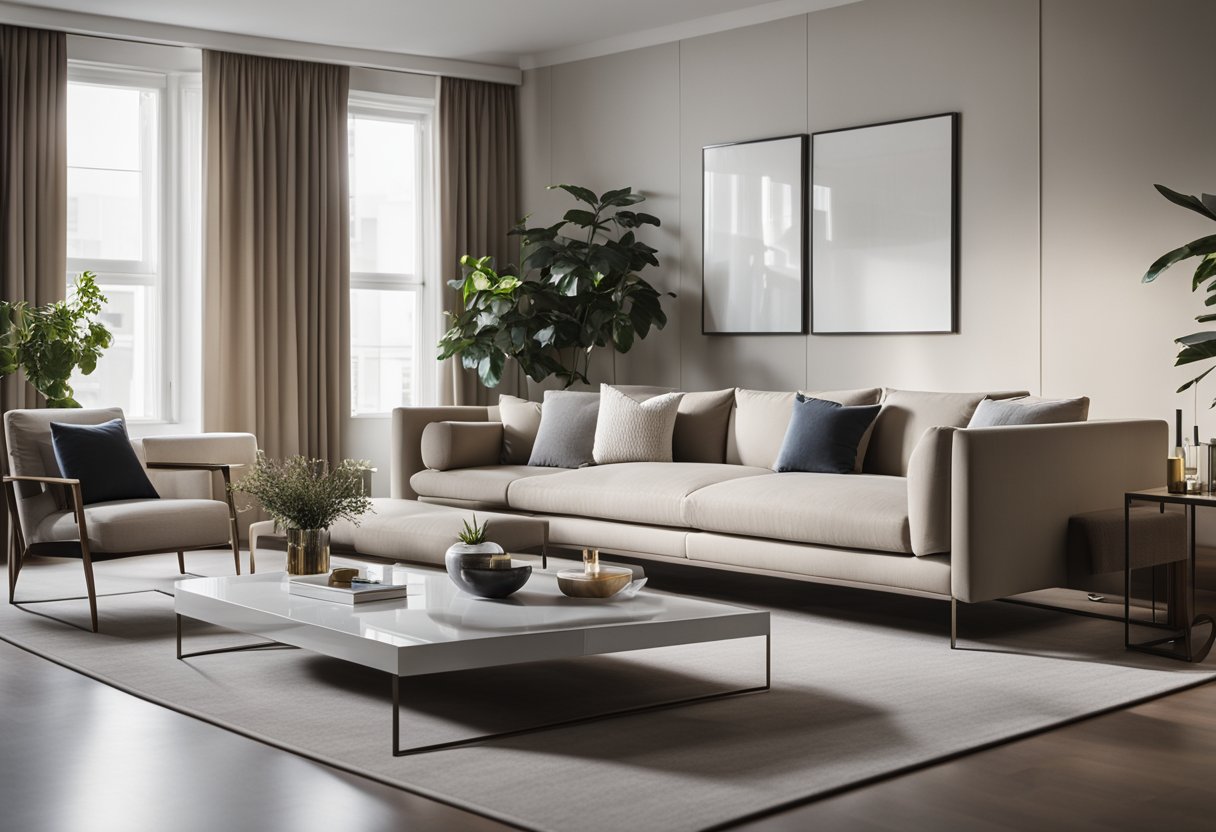 A sleek, modern living room with minimalist furniture and high-end decor. Clean lines, neutral colors, and subtle lighting create an atmosphere of luxury and sophistication