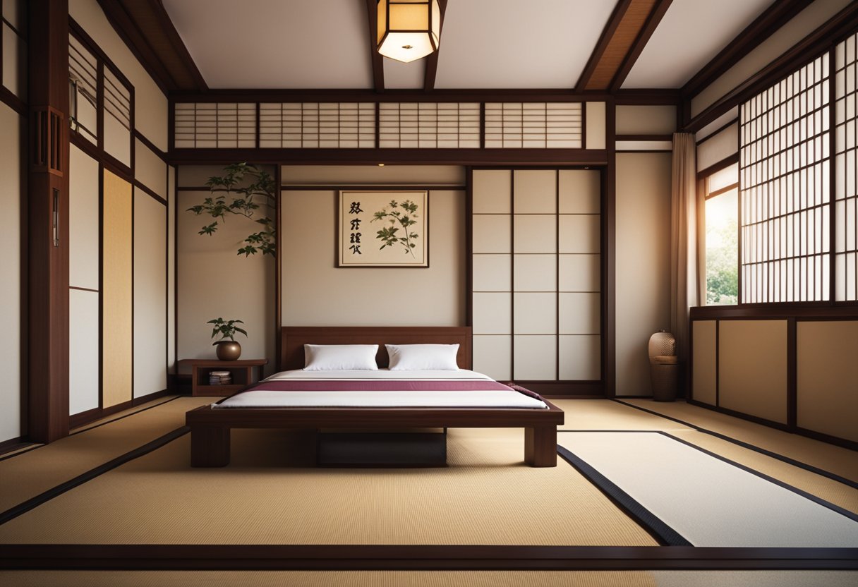 A tatami bedroom adorned with traditional Japanese furnishings and decor, creating a serene and harmonious atmosphere