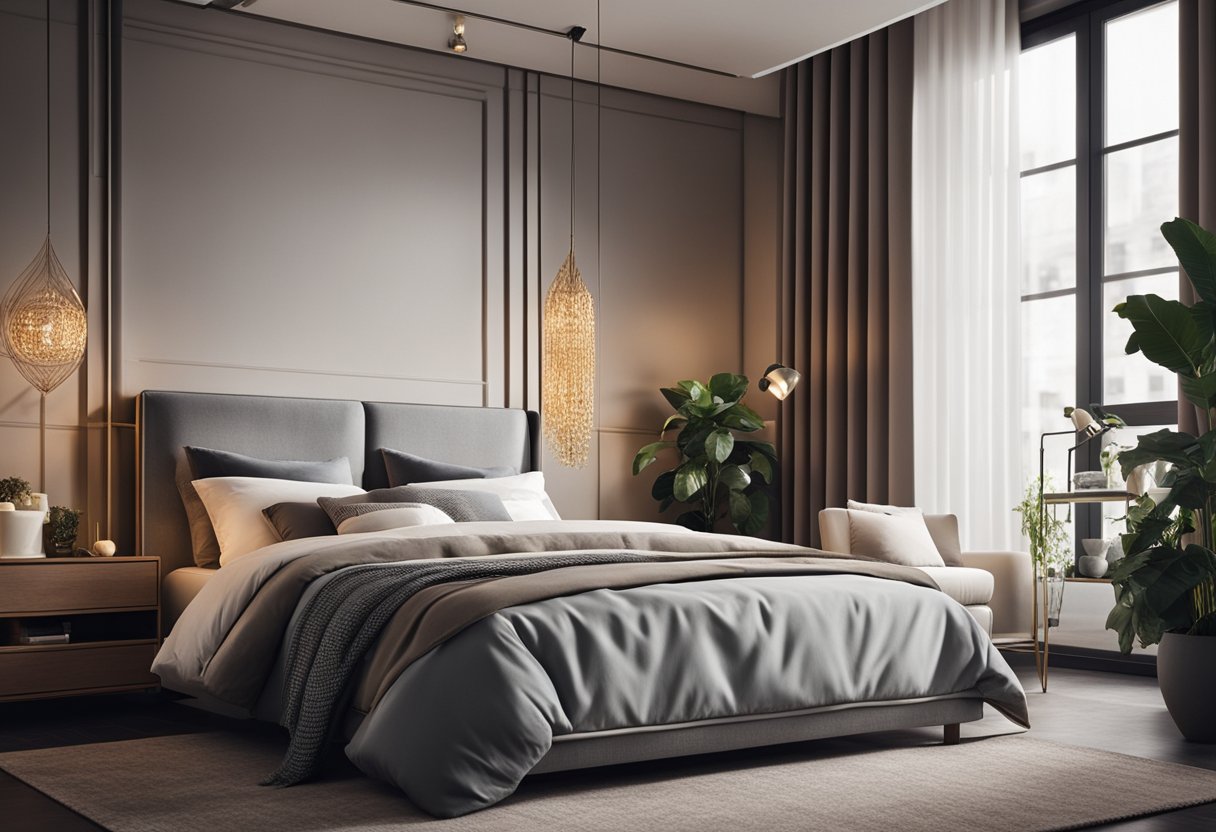 A cozy bedroom with a stylish bed against a decorative back wall, featuring creative design ideas and inspirations