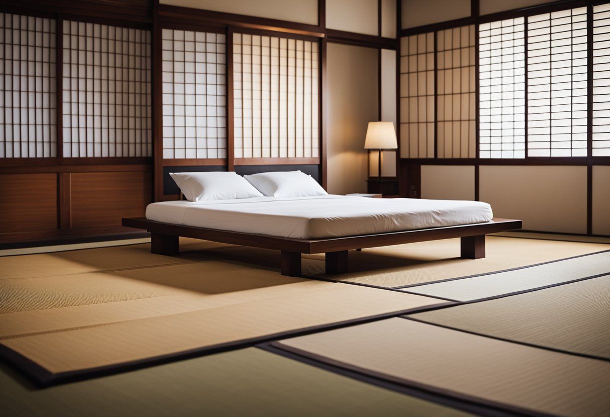 A cozy tatami bedroom in Malaysia, with traditional Japanese flooring, low wooden furniture, and paper shoji screens. Warm lighting and minimalistic decor create a serene atmosphere