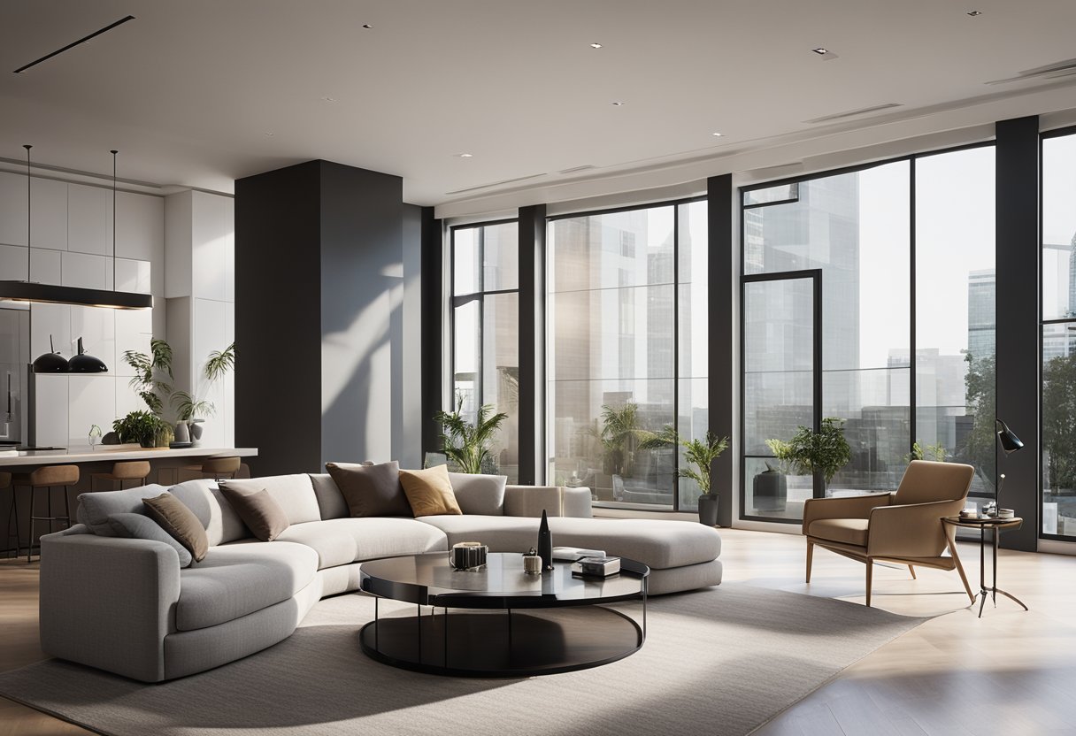 A sleek, modern living room with a minimalist color palette and high-end furniture. A large window allows natural light to fill the space, highlighting the luxurious design elements