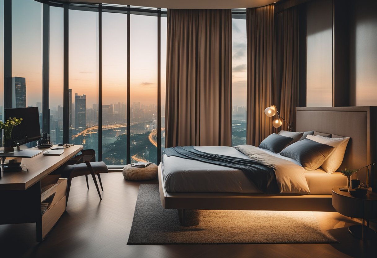 A cozy bedroom in Singapore with a modern bed, warm lighting, and a sleek desk with a view of the city skyline