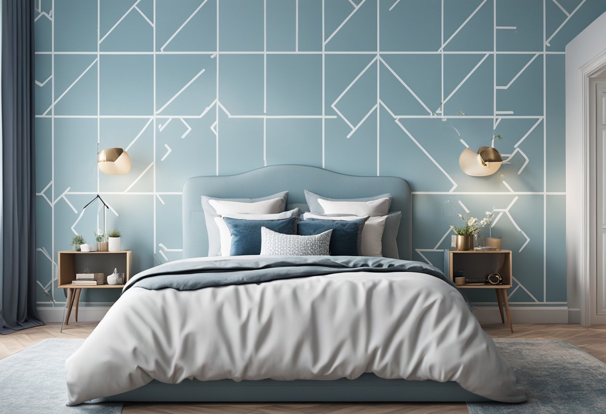 The bedroom wall is painted in a soothing light blue with white geometric patterns, creating a modern and relaxing atmosphere
