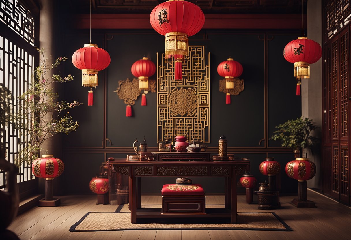 A traditional Chinese interior with ornate wooden furniture, red and gold accents, paper lanterns, and intricate calligraphy scrolls