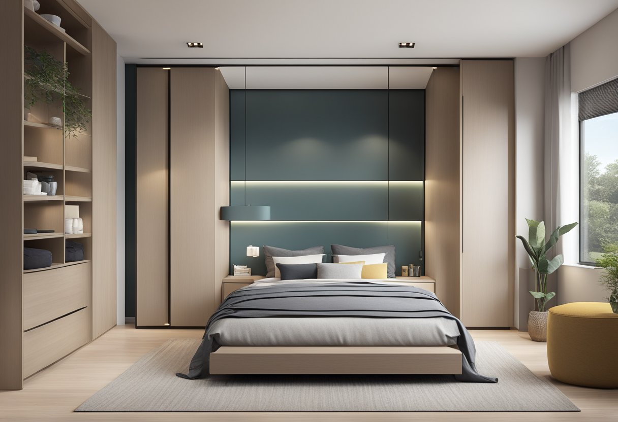 A modern bedroom with a sleek sliding cabinet design, featuring clean lines, minimalistic hardware, and functional storage compartments