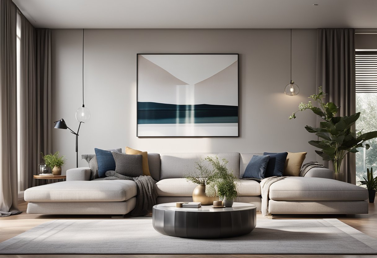 A modern living room with a minimalist sofa, abstract wall art, and a sleek coffee table. Natural light streams in through large windows, illuminating the space