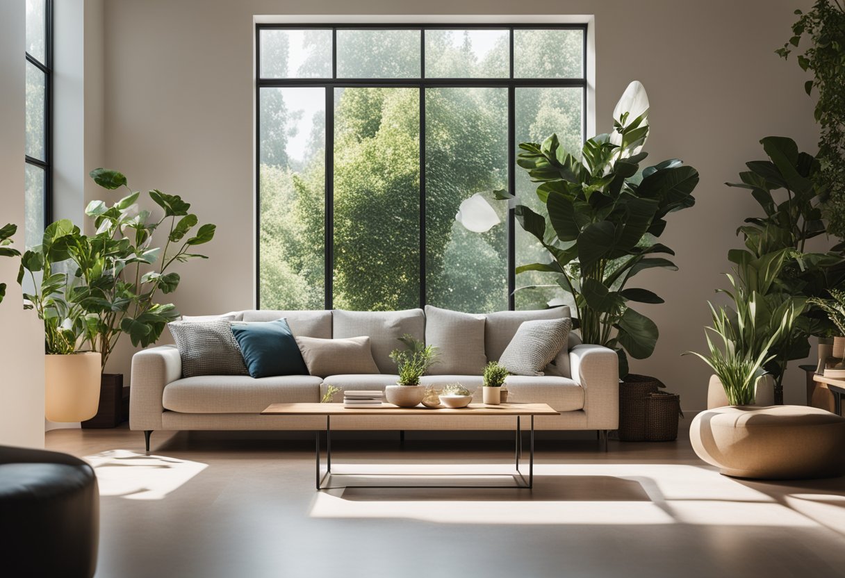 A cozy living room with a modern sofa, coffee table, and indoor plants. A large window lets in natural light, and the walls are adorned with minimalist artwork