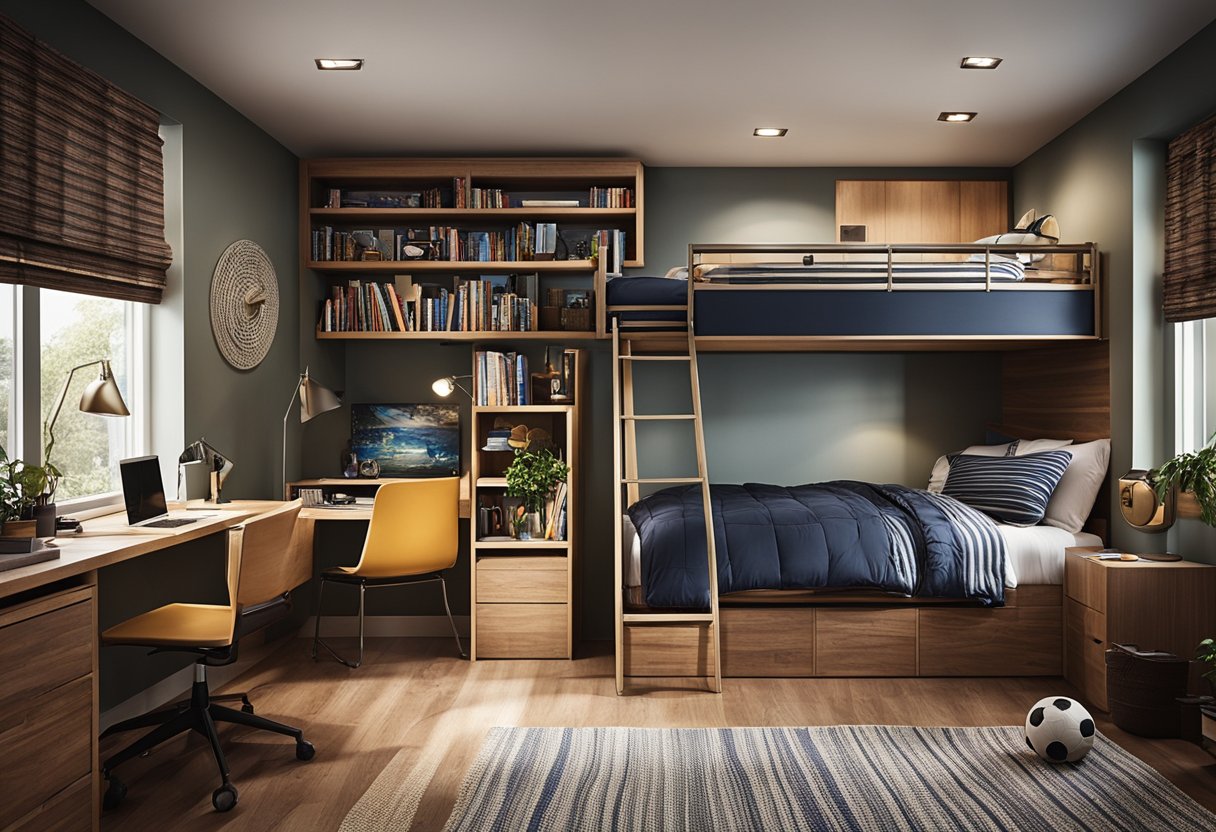 A cozy son's bedroom with a bunk bed, a study desk, a bookshelf, and sports-themed decor