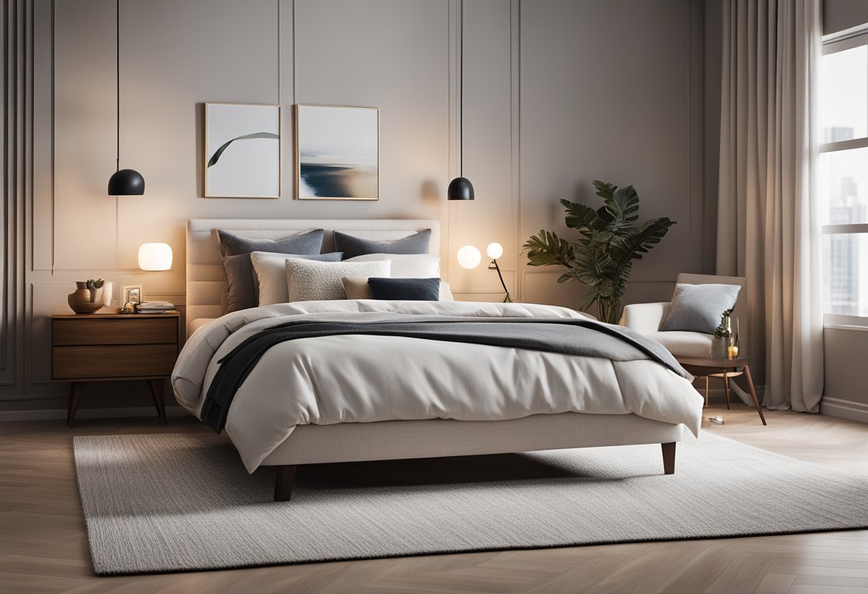 A cozy bedroom with a modern aesthetic, featuring a neutral color palette, sleek furniture, and soft lighting. A large, plush bed sits against a statement wall adorned with a stylish headboard. Textured rugs and decorative accents add warmth to the space