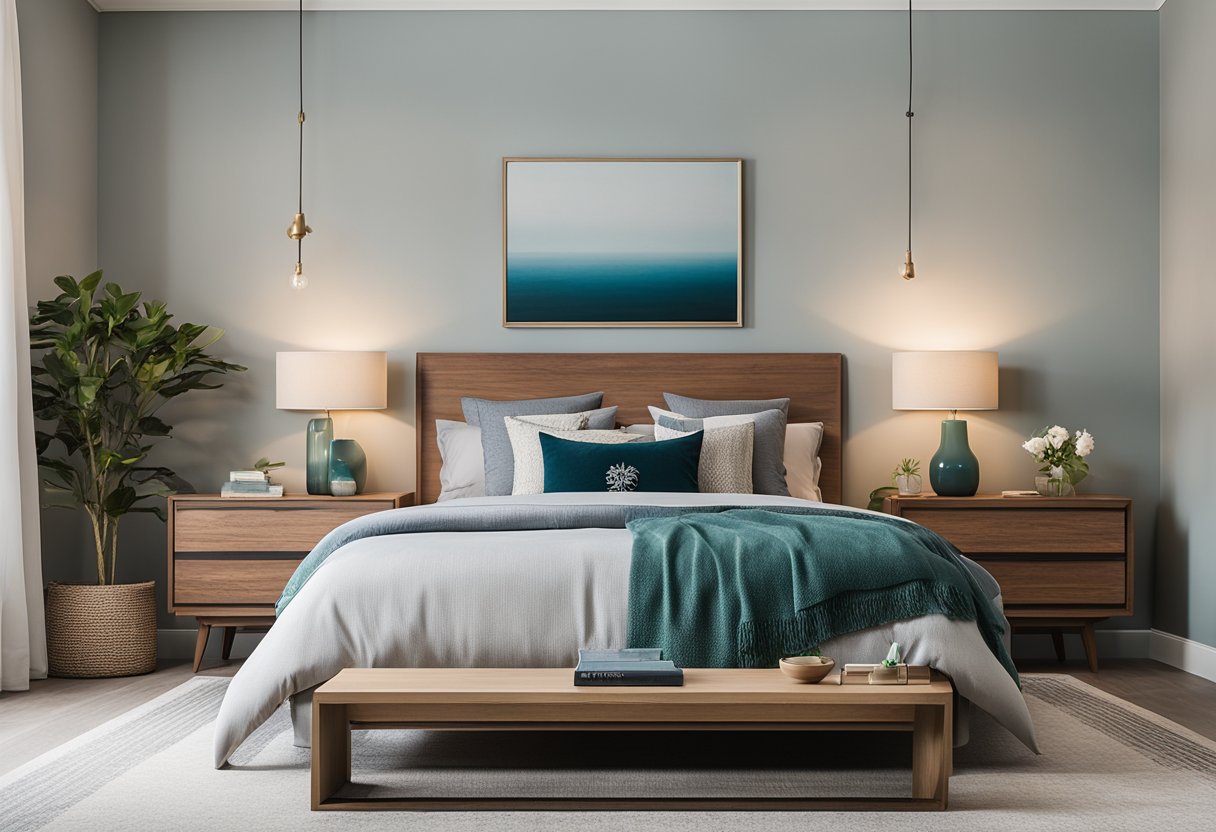 A bedroom with a neutral wall color palette, featuring soft shades of blue, green, and gray. Accented with warm wood furniture and pops of color in the decor