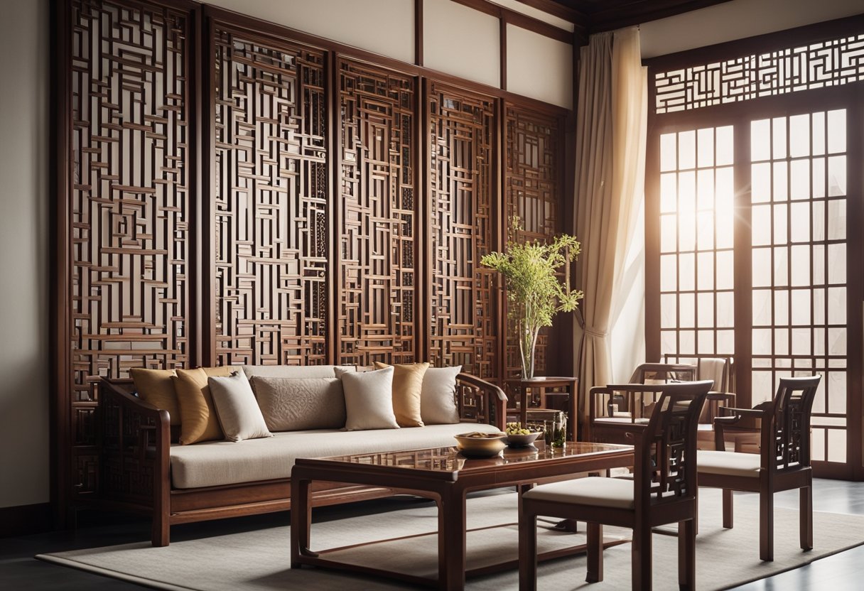 A modern Chinese interior with traditional elements, featuring ornate wooden furniture, intricate lattice work, and a soothing color palette