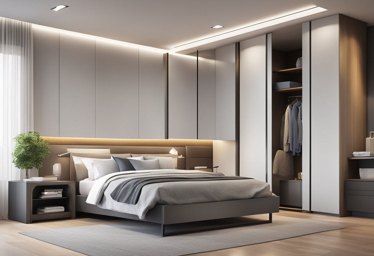 A modern bedroom with a sleek sliding cabinet design, featuring clean lines and minimalistic hardware