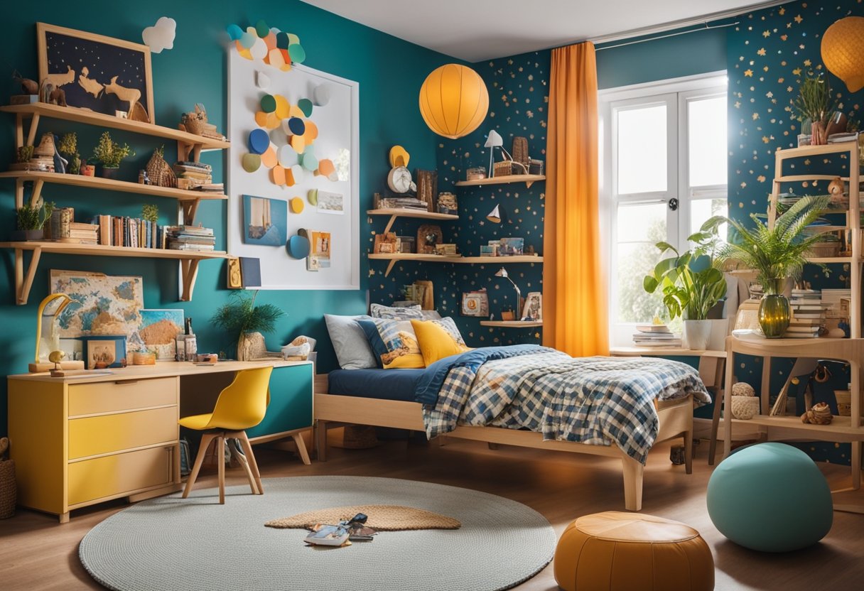 A vibrant boy's bedroom with colorful walls, a cozy bed with fun patterned bedding, a study desk with playful decorations, and a bookshelf filled with toys and books