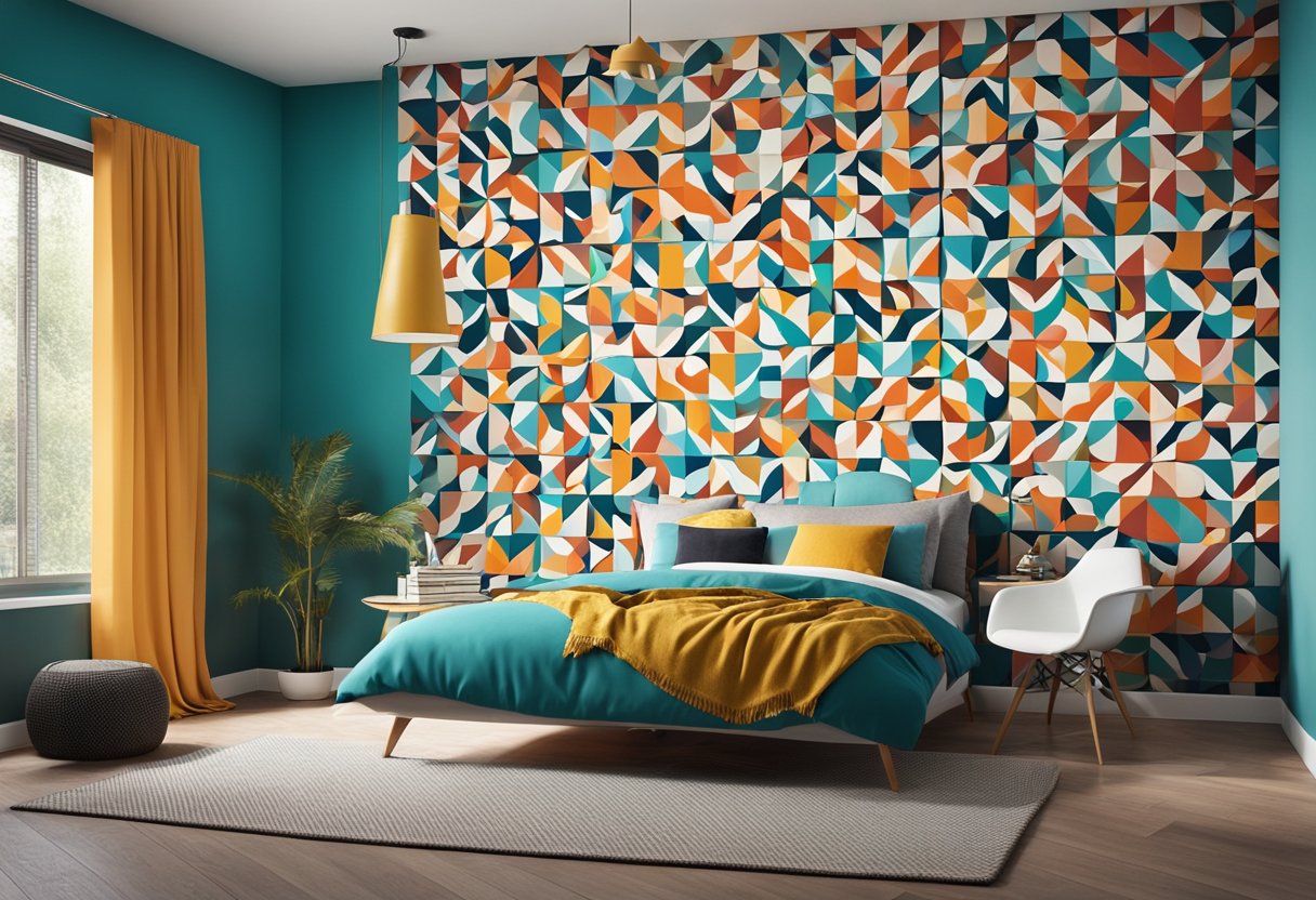 A bedroom wall is painted with a vibrant and modern colour design, featuring geometric patterns and bold, contrasting hues