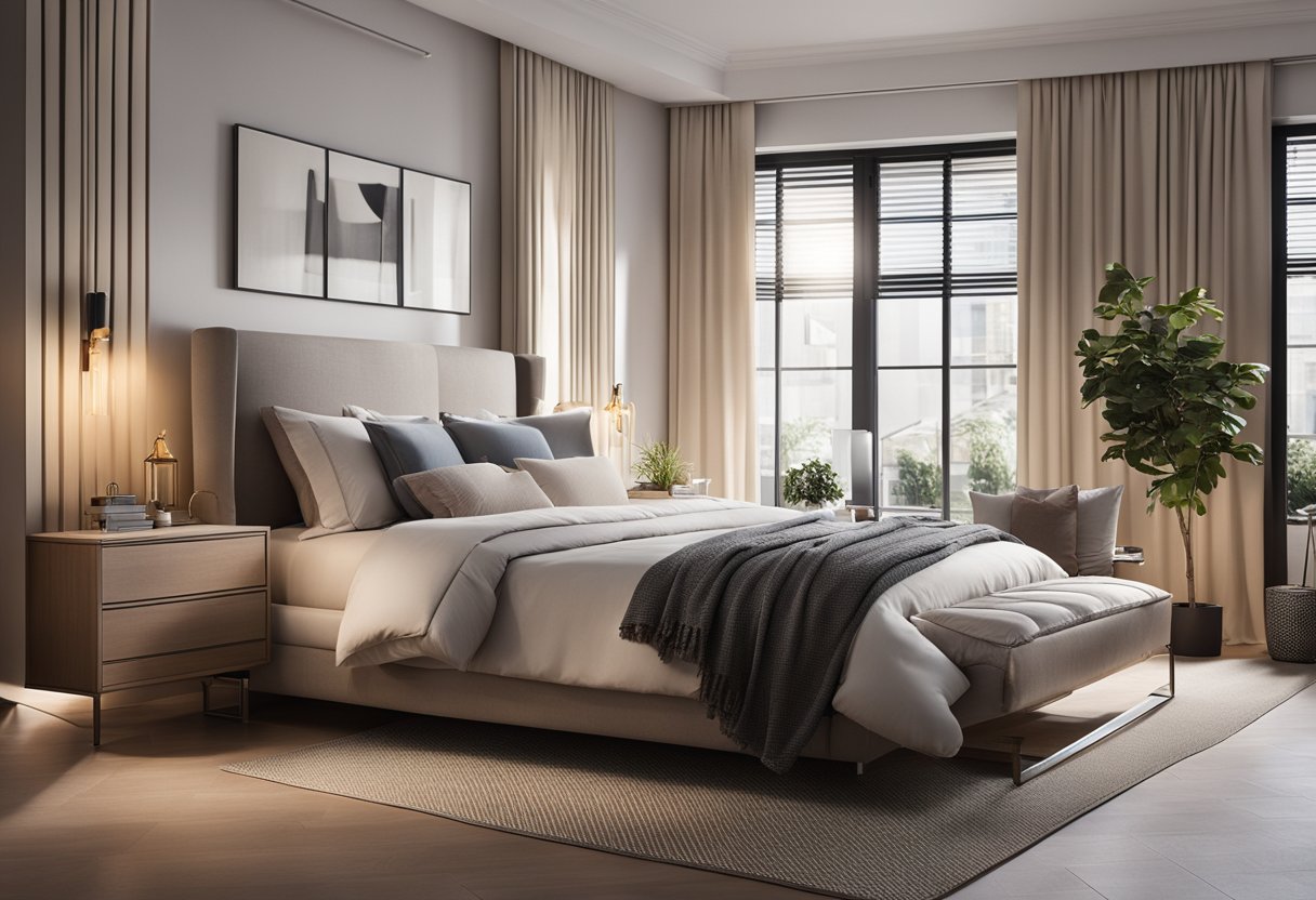A cozy bedroom with modern furniture, soft lighting, and neutral colors. A sleek desk with a laptop and a comfortable bed with plush pillows