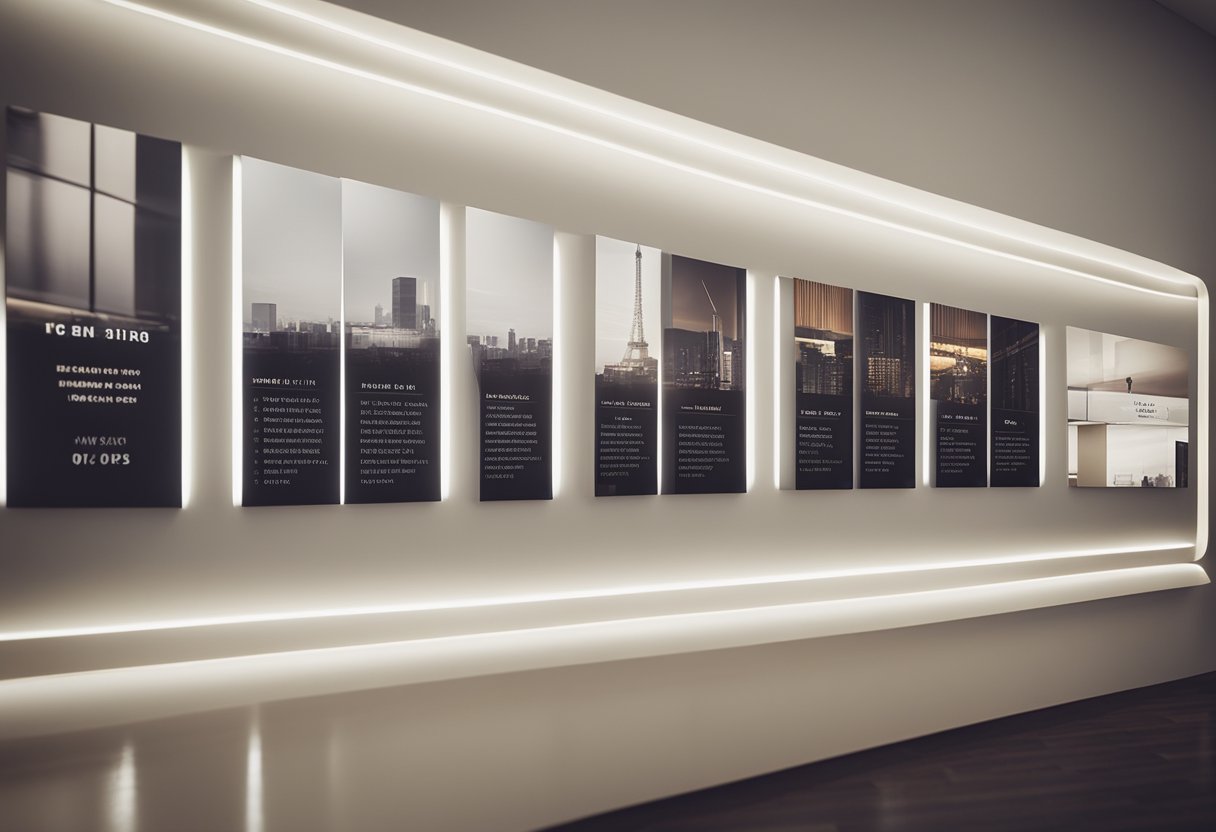 A timeline of interior design styles from ancient to modern, with key dates and images, displayed on a wall in a sleek, minimalist room