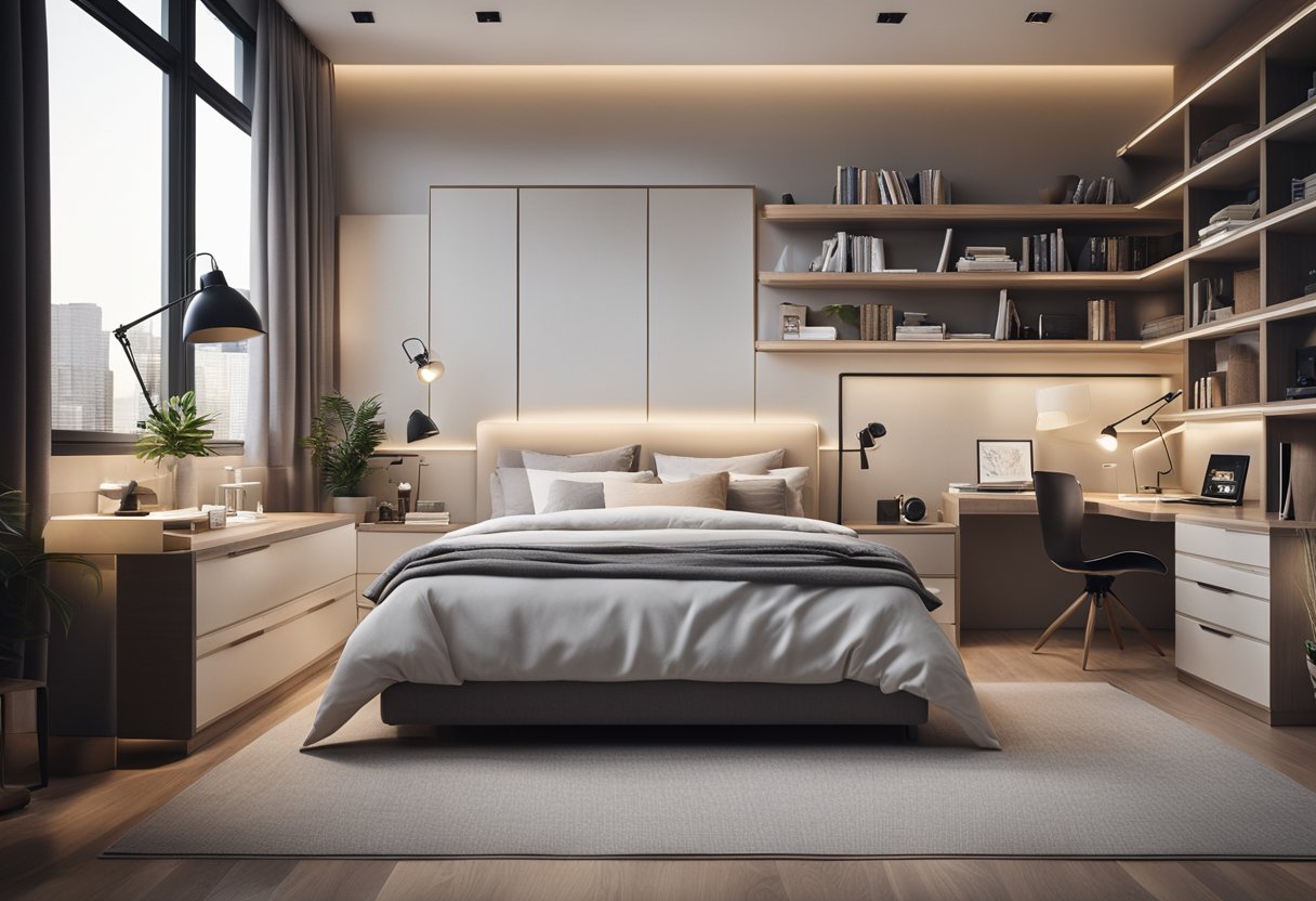 A modern, organized bedroom with a cozy bed, desk, and shelves. Soft lighting and neutral colors create a calm, inviting atmosphere