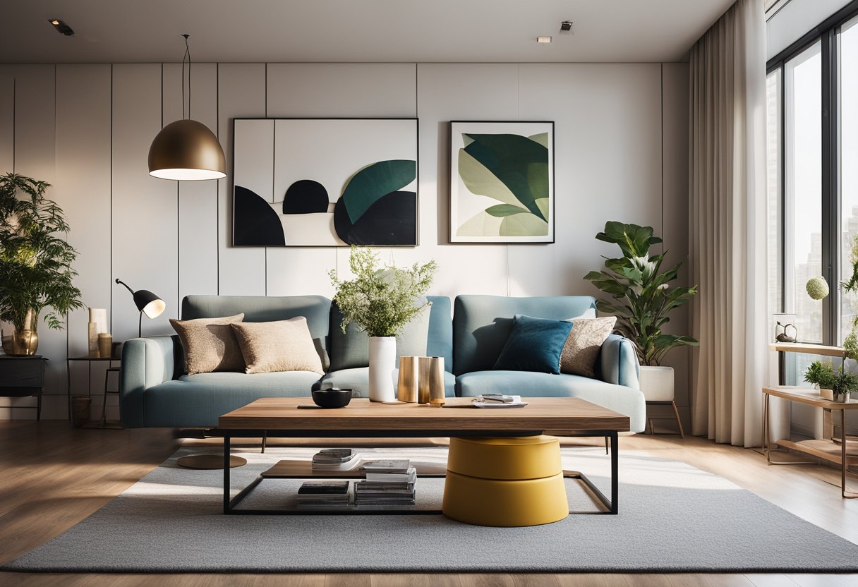 A cozy living room with a modern interior design, featuring a comfortable sofa, stylish coffee table, and vibrant wall art. The space is well-lit with natural light streaming in from large windows