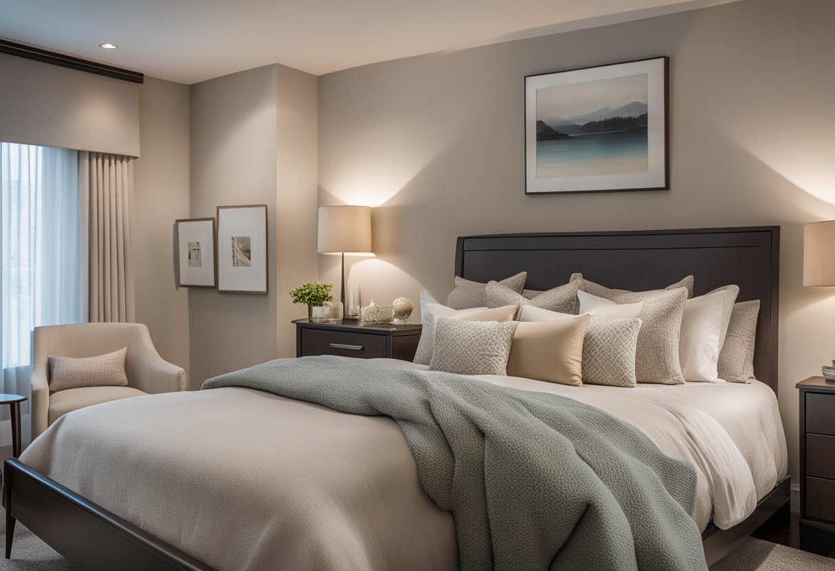 A cozy master bedroom with a queen-sized bed, nightstands, and a small dresser. Soft lighting and neutral colors create a calm and inviting atmosphere
