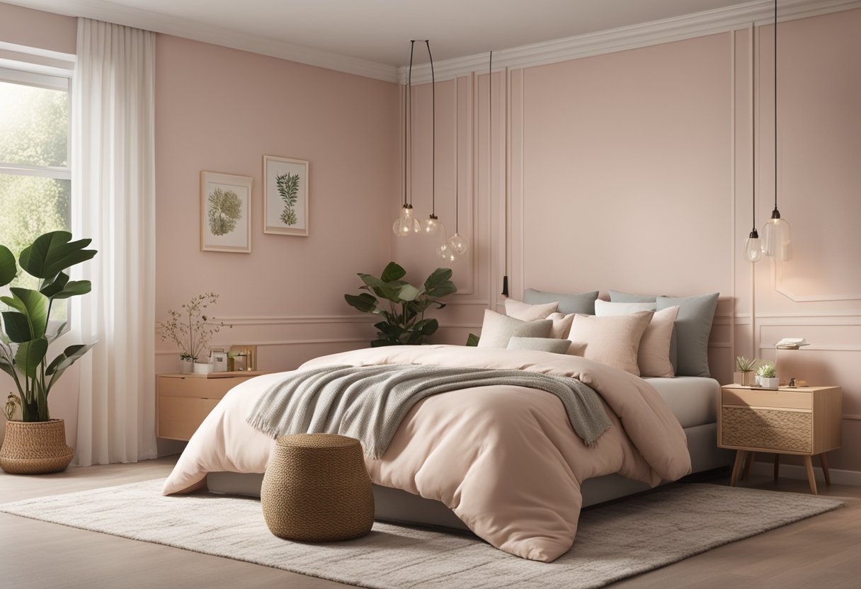A cozy bedroom with a soft, pastel wall color, adorned with a pattern of frequently asked questions in various fonts and sizes