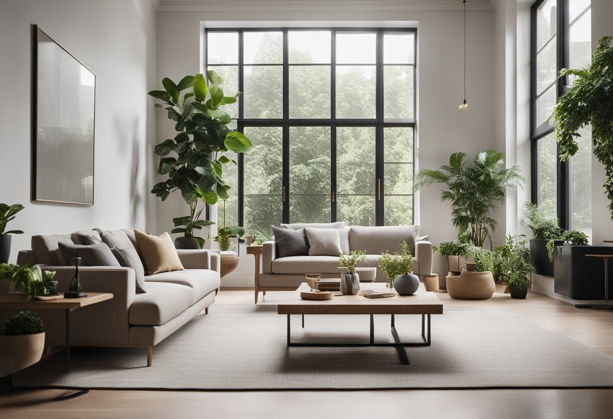 A spacious living room with modern furniture and a neutral color palette. Large windows let in natural light, and indoor plants add a touch of greenery