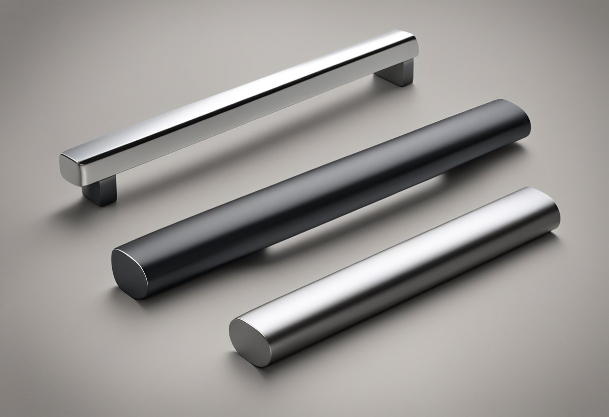 A sleek, modern wardrobe handle with a brushed metal finish, featuring a minimalist design with clean lines and a subtle curve for easy gripping