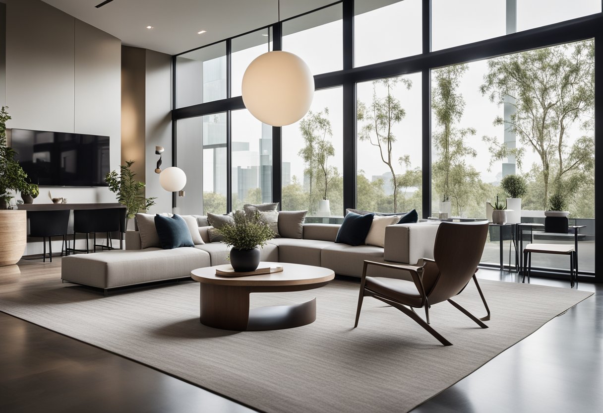 A sleek, open-concept living room with minimalist furniture, floor-to-ceiling windows, and neutral color palette. Statement lighting fixtures and abstract art add a touch of sophistication