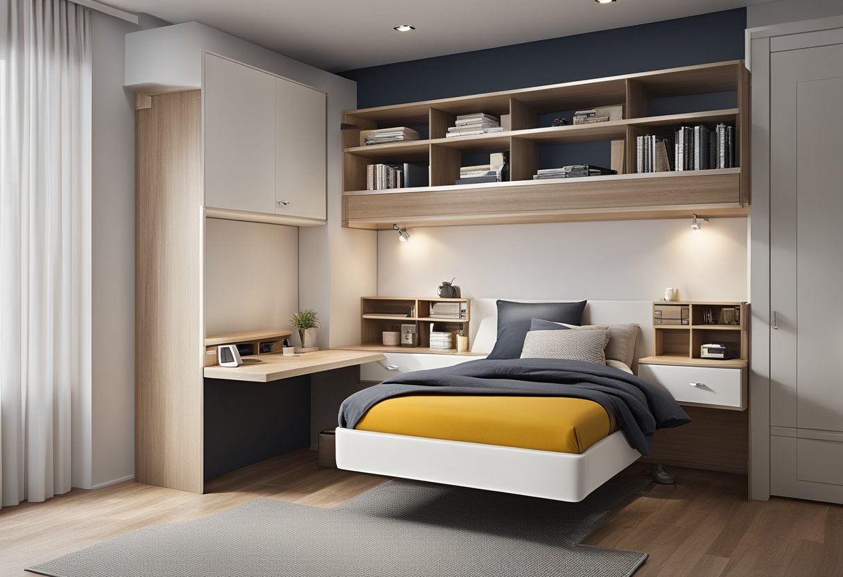 A bed with built-in storage, wall-mounted shelves, and a fold-down desk maximize space in a small master bedroom