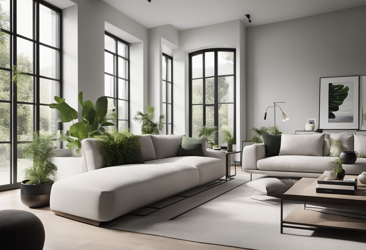 A sleek, monochromatic living room with clean lines, minimal furniture, and pops of greenery. A large window lets in natural light, illuminating the minimalist decor