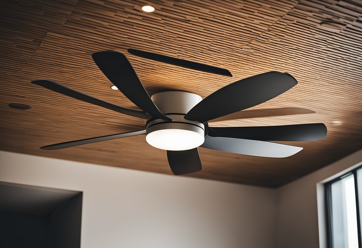 A bedroom ceiling with a modern fan design, featuring sleek blades and a soft glow from the recessed lighting
